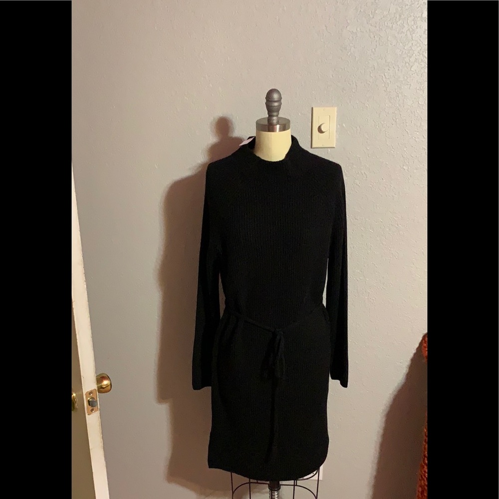 Mockneck tie-waist sweater-dress